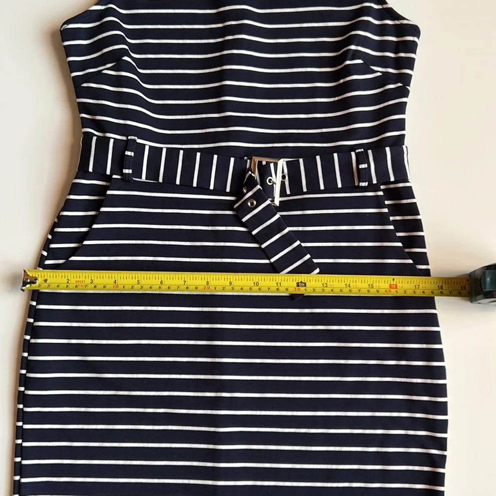 Papillon Striped Belted Ponte Shift Dress, navy and white - Picture 8 of 9